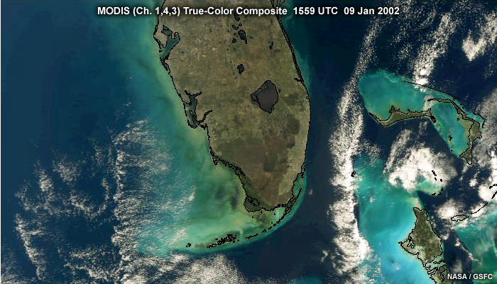 MODIS true-color composite image over southern Florida and coastal regions showing water conditions during the start of a “red tide” or algal bloom event, taken at 1559 UTC on January 9, 2002.