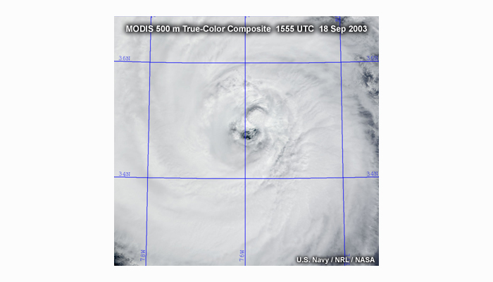 Terra MODIS 0.5 km resolution true-color composite image of hurricane Isabel off the U.S. east coast taken at 1555 UTC on September 18, 2002.