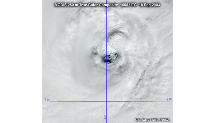 Terra MODIS 0.25 km resolution true-color composite image of hurricane Isabel off the U.S. east coast taken at 1555 UTC on September 18, 2002.