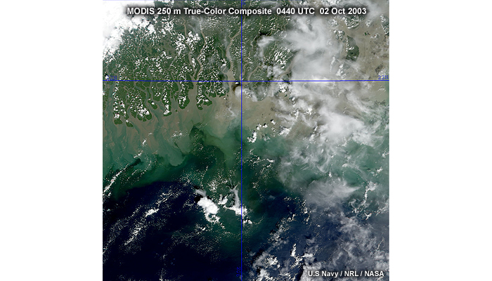 MODIS 250 m resolution true-color composite image of the Bangladesh coastline taken at 0440 UTC on October 2, 2003.