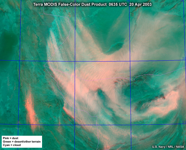 A MODIS false-color dust enhancement product image showing blowing dust over western Afghanistan at 0635 UTC on April 20, 2003.