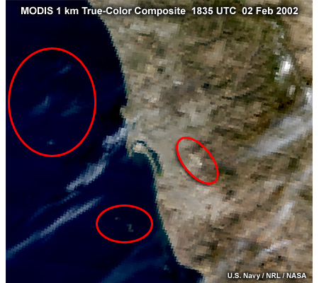 MODIS 1 km true-color composite image over the San Diego, California coastal region highlighting thin cirrus, islands, and reservoirs, taken at 1835 UTC on February 2, 2002.
