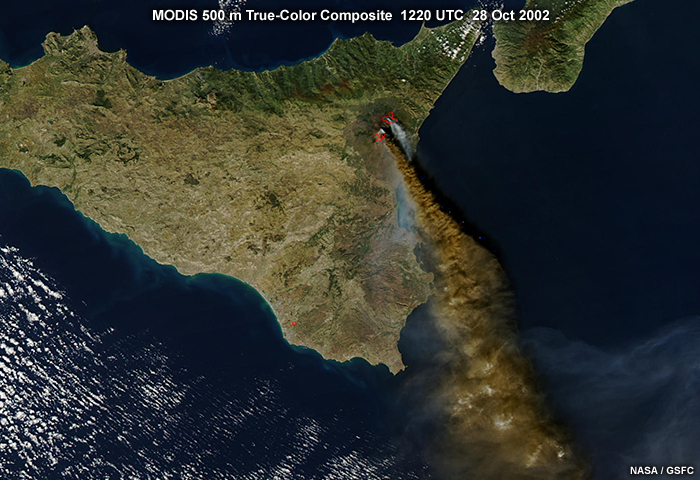 MODIS 500 meter resolution true-color image of Mt. Etna volcanic eruption on the island of Sicily taken at 1220 UTC on October 28, 2002.