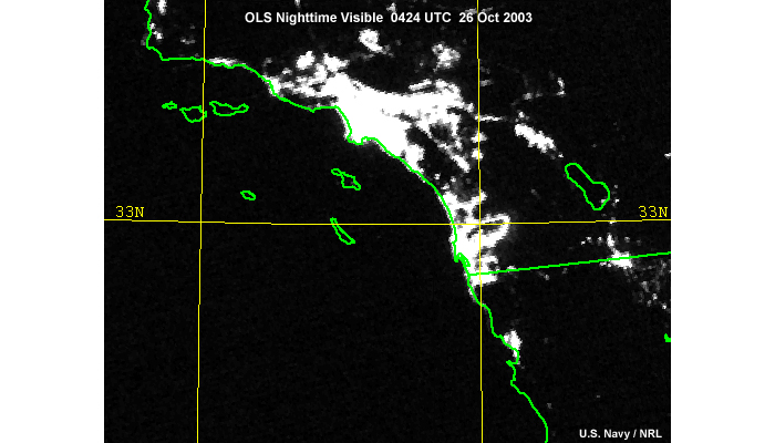 DMSP OLS nighttime visible image of fires and lights over regions of Southern California and northwestern Mexico taken at 04:24 UTC on October 26, 2003.