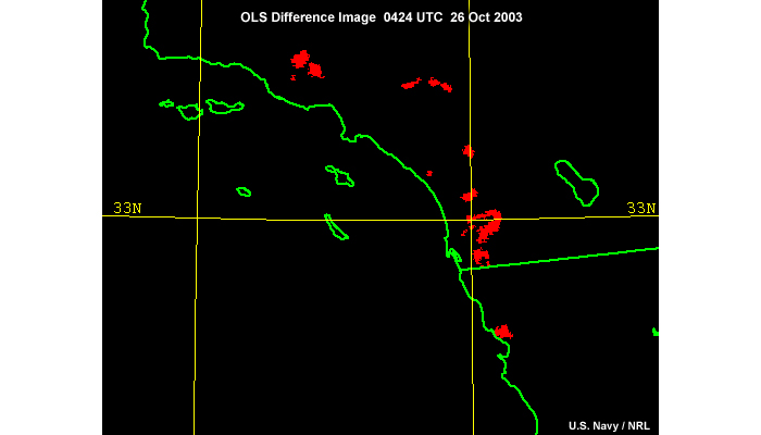 DMSP OLS difference image highlighting fires over regions of Southern California and northwestern Mexico taken at 04:24 UTC on 26 October 2003.