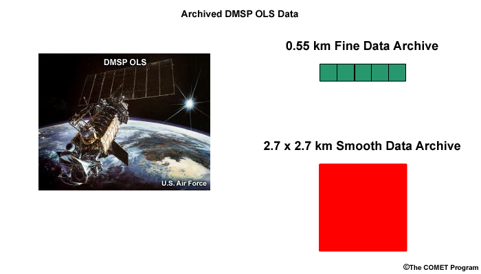 Illustration showing DMSP OLS data resolution in the NOAA NGDC archive.