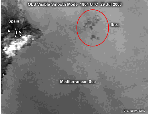 DMSP OLS smooth mode visible image along the east coast of Spain highlighting the coarse resolution and difficulty in seeing fine scale features; taken at 1804 (early evening) on July 29, 2003.