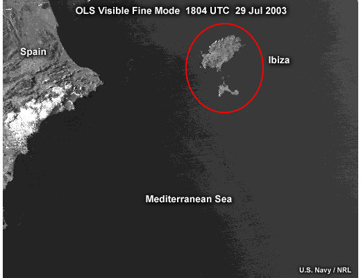 DMSP OLS fine mode visible image along the east coast of Spain highlighting the improved pixel resolution but lesser bit depth compared to smooth mode visible imagery; taken at 1804 (early evening) on July 29, 2003.
