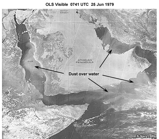 DMSP OLS daytime visible image highlighting dust over water around the Arabian Peninsula taken by DMSP at 0741 UTC on June 25, 1979.