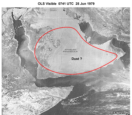 DMSP OLS daytime visible image highlighting dust over water and land in the region of the Arabian Peninsula taken by DMSP at 0741 UTC on June 25, 1979.
