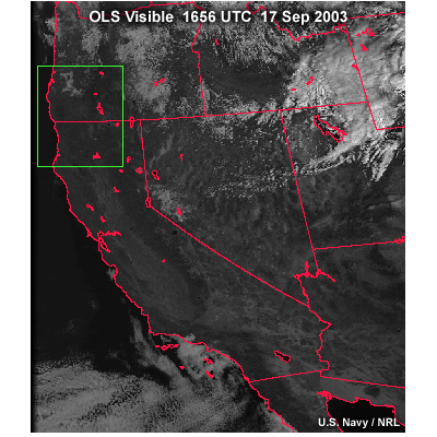 OLS fine mode visible image over the western United States with box highlighting an edge-of-scan area; taken at 1656 UTC on September 17, 2003.