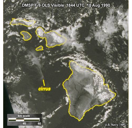 DMSP F-9 OLS visible image taken over the Hawaiian Islands showing preservation of relatively high spatial resolution near the edge of the image swath due to the imager's unique scanning abilities.