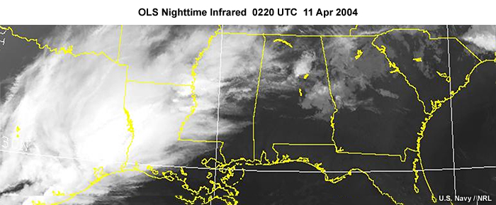 DMSP OLS nighttime infrared image over the southern U.S. showing cloud cover and clear sky condidtions at 0220 UTC on April 11, 2004.