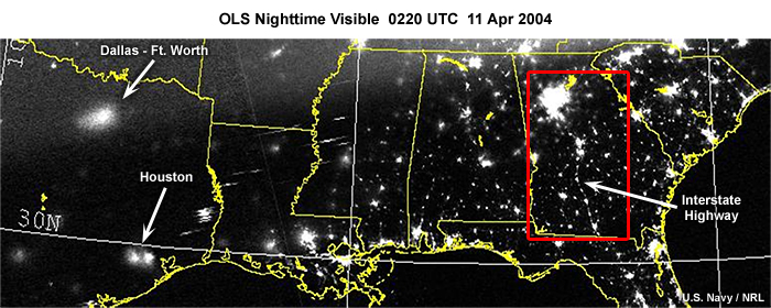 DMSP OLS nighttime visible image over the southern U.S. showing city lights at night at 0220 UTC on April 11, 2004.