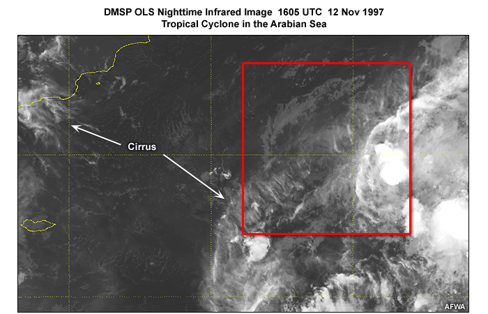 DMSP OLS nighttime infrared image over the Arabian Sea, unable to detect tropical cyclone circulation features due to lack of thermal contrast between low level clouds and water surface; taken at 1605 UTC (local evening) on November 12, 1997.