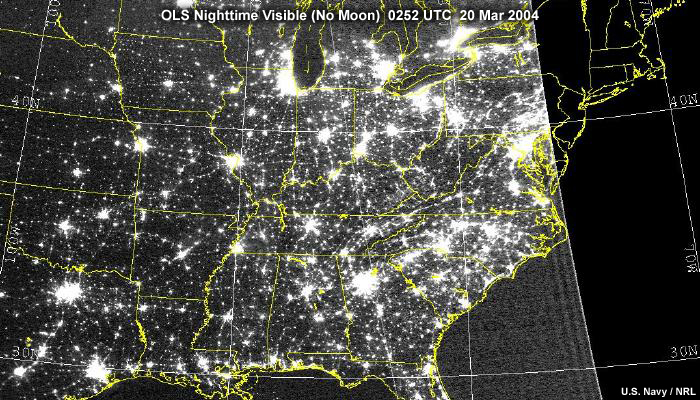 DMSP OLS nighttime visible image over the central and eastern U.S. during no moon conditions showing cities and other artificial light sources at night; taken at 0252 UTC on March 20, 2004.