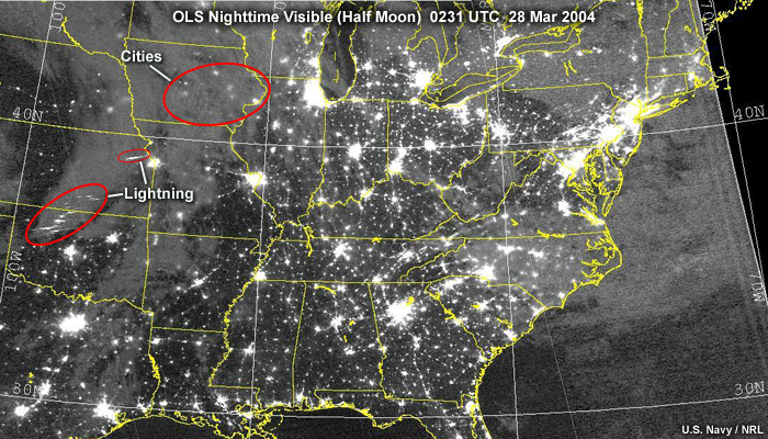 DMSP OLS nighttime visible image over the central and eastern U.S. during half moon conditions showing cities, cities through cloud cover, lightning, and dimly lit clouds and cloud boundaries at night; taken at 0231 UTC on March 28, 2004.
