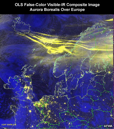 DMSP OLS nighttime visible and infrared composite image showing an aurora borealis (northern lights) event over Europe.