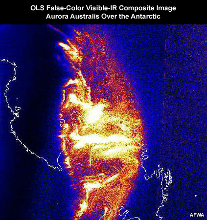 DMSP OLS nighttime visible and infrared composite image showing an aurora australis (southern lights) over the Antarctic.
