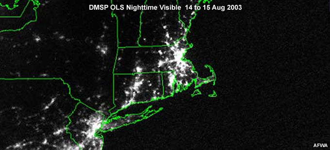 DMSP OLS nighttime visible image showing cities in the northeastern U.S. during an electrical blackout affecting large portions of the area on 14 to 15 August, 2003.