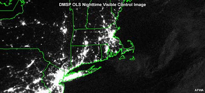 DMSP OLS nighttime visible image showing cities in the northeastern U.S. during normal electrical power conditions.