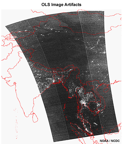 DMSP OLS nighttime visible image showing artifacts, vertical lines, in the image resulting from the processing of observations into imagery.