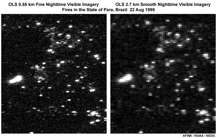 DMSP OLS fine vs. smooth mode nighttime visible images taken of fires over the state of Para in Brazil on August 22, 1995.