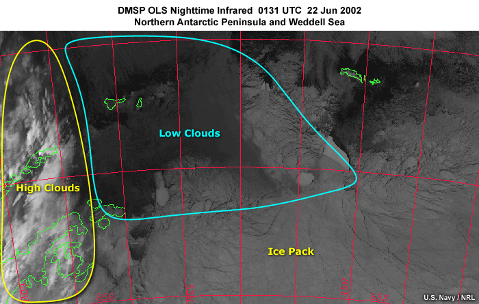 DMSP OLS nighttime fine mode infrared image over the northern most Antarctic Peninsula, islands, and adjacent Weddell Sea highlighting ice pack, and low and high cloud cover at 0131 UTC on June 22, 2002.