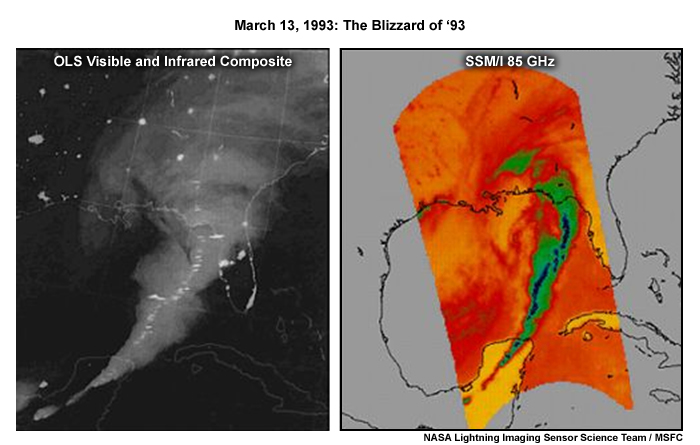 A DMSP OLS nighttime visible-infrared composite image (left) and SSM/I 85 GHz channel image (right) over the southeastern U.S. showing the blizzard of 1993, and highlighting a squall line with embedded lightning and heavy rainfall at night on March 13, 1993.