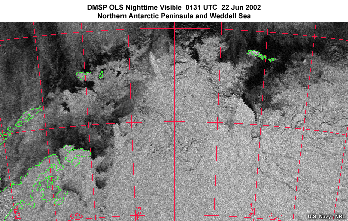 DMSP OLS nighttime smooth mode visible image over the northern most Antarctic Peninsula, islands, and adjacent Weddell Sea showing land, ocean, and polar ice pack at 0131 UTC on June 22, 2002.