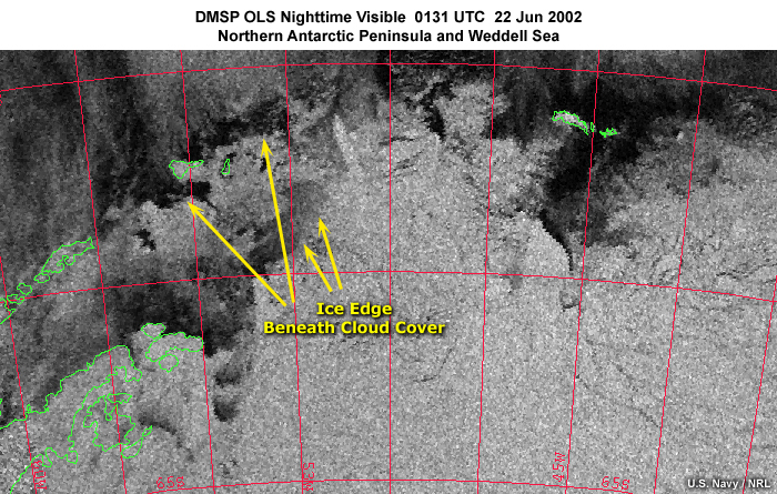 DMSP OLS nighttime smooth mode visible image over the northern most Antarctic Peninsula, islands, and adjacent Weddell Sea highlighting edges of the polar ice pack at 0131 UTC on June 22, 2002.