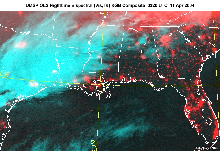 DMSP OLS nighttime bispectral visible and infrared RGB composite image over the southern U.S. highlighting cloud cover (from the infrared channel) and city lights (from the visible channel) at 0220 UTC on April 11, 2004.