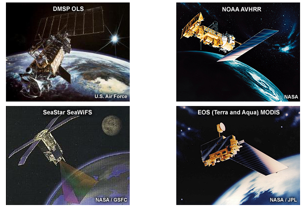 Four illustrations of polar-orbiting satellite imagers that contributed to the development of the VIIRS imager: DMSP OLS, NOAA AVHRR, Seastar SeaWiFS, EOS-Terra and -Aqua MODIS.