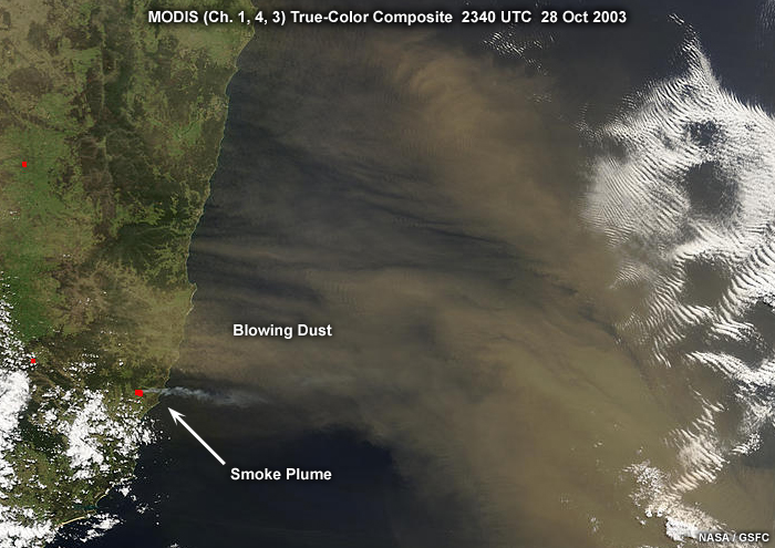 MODIS true-color composite image showing blowing dust and smoke plume along the coast of southeastern Australia, taken at 2340 UTC on October 28, 2003.