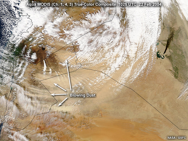 Aqua MODIS true-color composite image showing blowing dust and cloud cover over portions of the Middle East, taken at 1025 UTC on February 22, 2004.