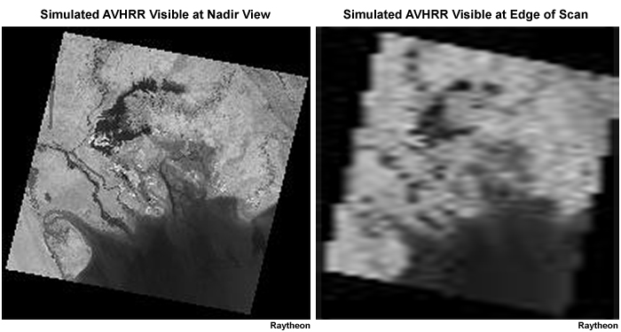 Comparison of simulated AVHRR visible images near nadir vs. edge of scan using Landsat data over the Middle East.