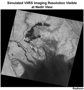 Simulation of a VIIRS nadir pass for a 380 meter “imaging” resolution visible image over the Middle East using Landsat data.