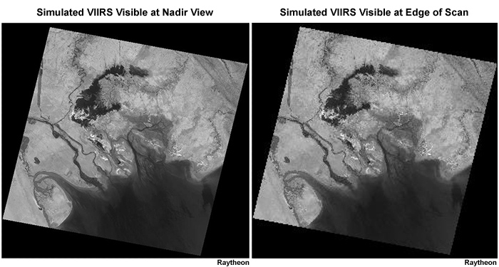 Comparison of simulated VIIRS visible images near nadir vs. edge of scan using Landsat data over the Middle East.