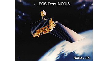 Illustration of the EOS-Terra polar-orbiting satellite in orbit.