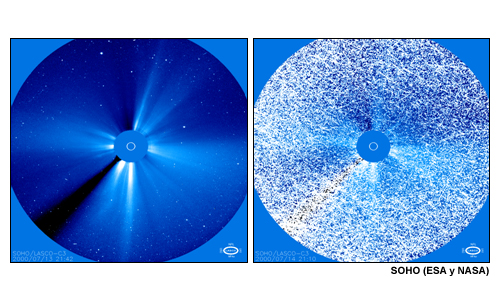 Efecto de la degradación de un sensor del satélite. Dos imágenes SOHO/LASCO del Sol, una normal y otra contaminada.
