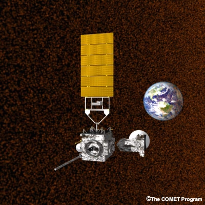 Animación del satélite GOES-R que atraviesa un campo de partículas cargadas en su órbita alrededor de la Tierra.