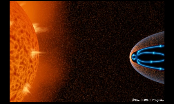 Animación de la explosión de una CME en el Sol que produce una tormenta geomagnética al chocar con la magnetosfera terrestre.