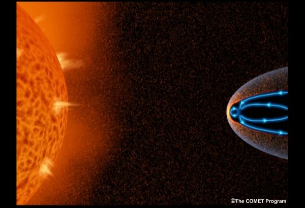 Animación de una eyección de masa coronal que viaja hacia la Tierra y energiza las partículas al interactuar con el campo magnético terrestre.
