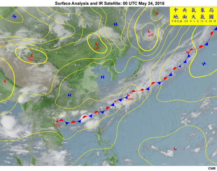 Surface analysis chart and infrared satellite imagery at 00 UTC on May 24th, 2015.