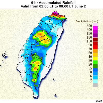 6-hour accumulated rainfall of a Type-1 Mei-Yu case from 18 UTC (02:00 LT) June 2 to 00 UTC (08:00 LT) June 2, 2017.