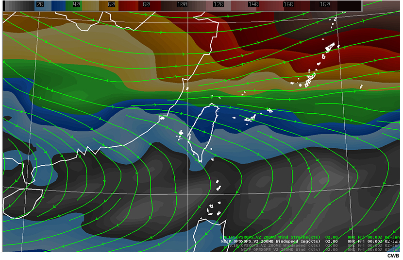 Model analysis of 200 hPa streamlines (kts) and wind speed (kts) at 00 Z on June 2, 2017.
