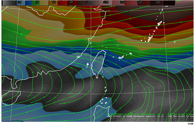 Model analysis of 200 hPa streamlines (kts) and wind speed (kts) at 18 Z on June 1, 2017.