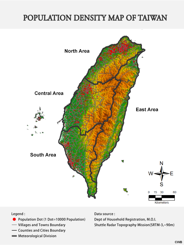 Population density map of Taiwan. Mountainous areas (above 500 meters) are signified by the brown area in the figure.