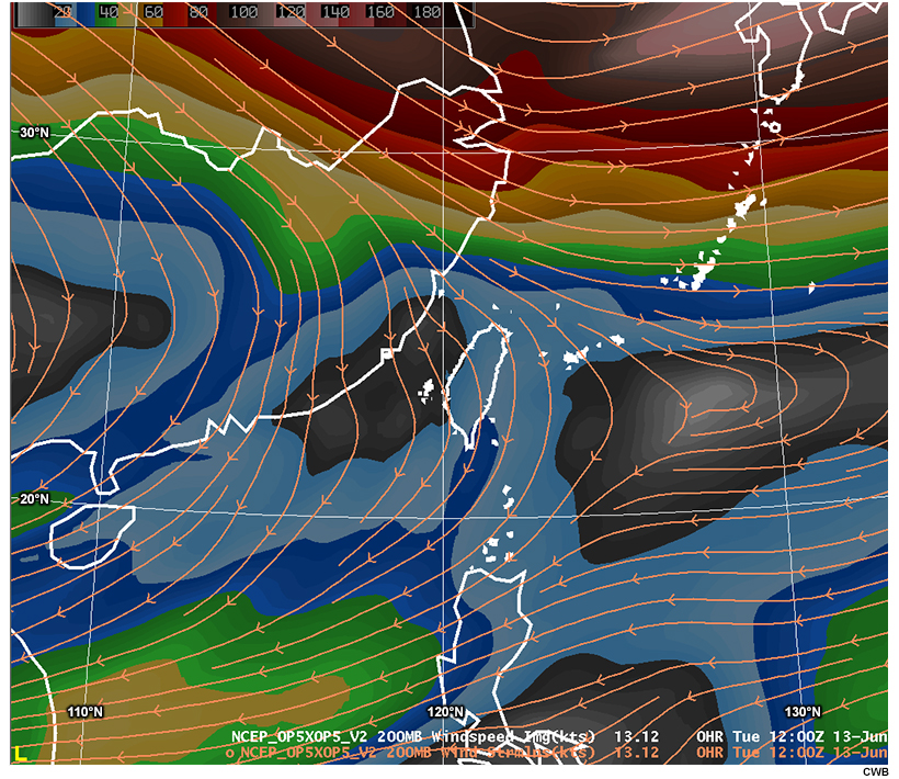 Loop of model forecast for 200 hPa wind (kts) and streamlines (kts).