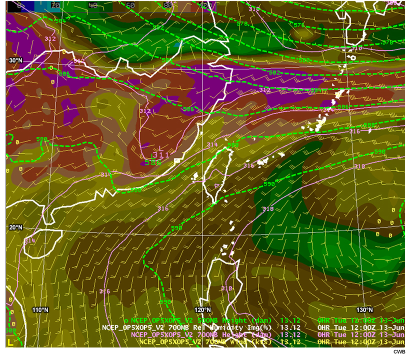 Loop of model forecast for 700 hPa relative humidity (%), geopotential height (dam), wind (kts), and 500 hPa geopotential height (dam).